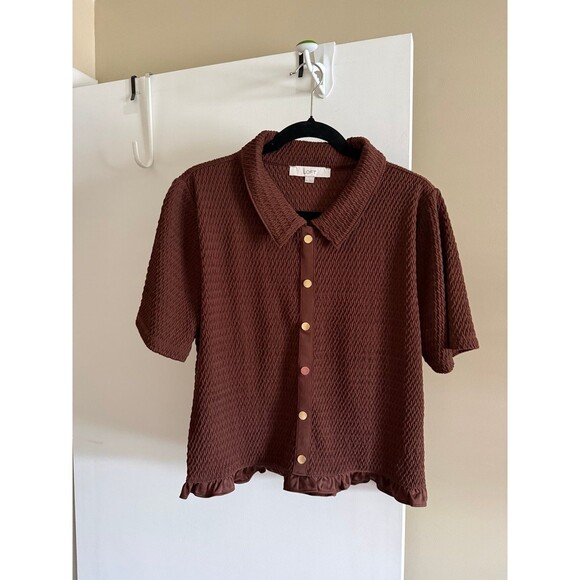 LOFT Tops - LOFT Brown Textured Button Front Blouse Top XL Ruffle Hem